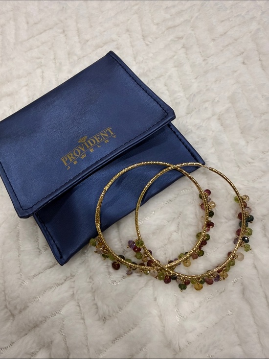 Jewelry - LARGE 18kt Gold Hoop Earrings with dangling tourmaline & peridot drop stones